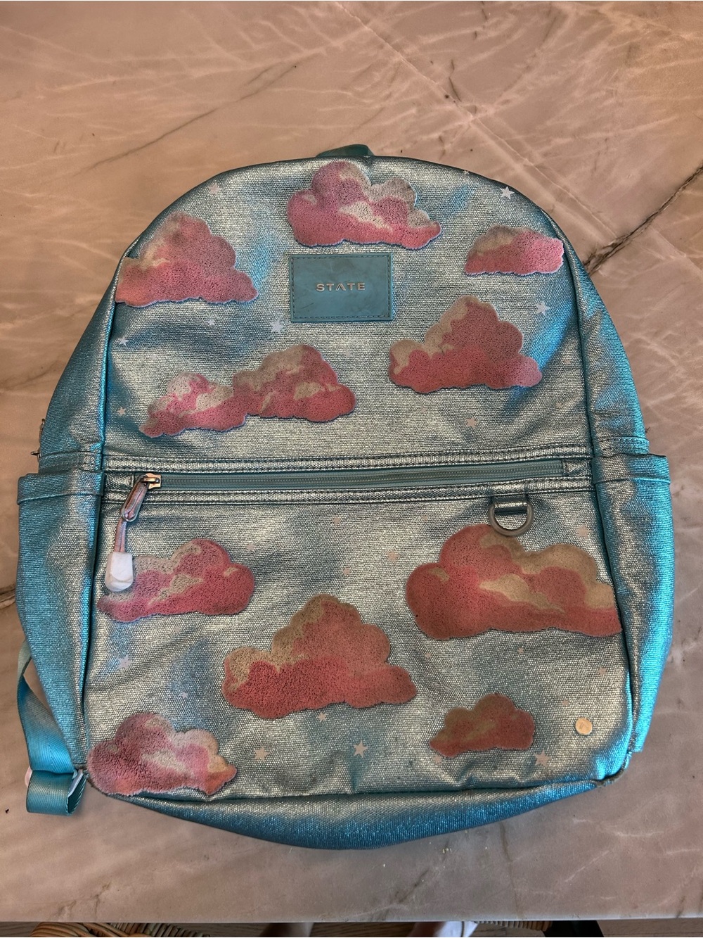 STATE Teal Shimmery Backpack with Pink Cloud Motif